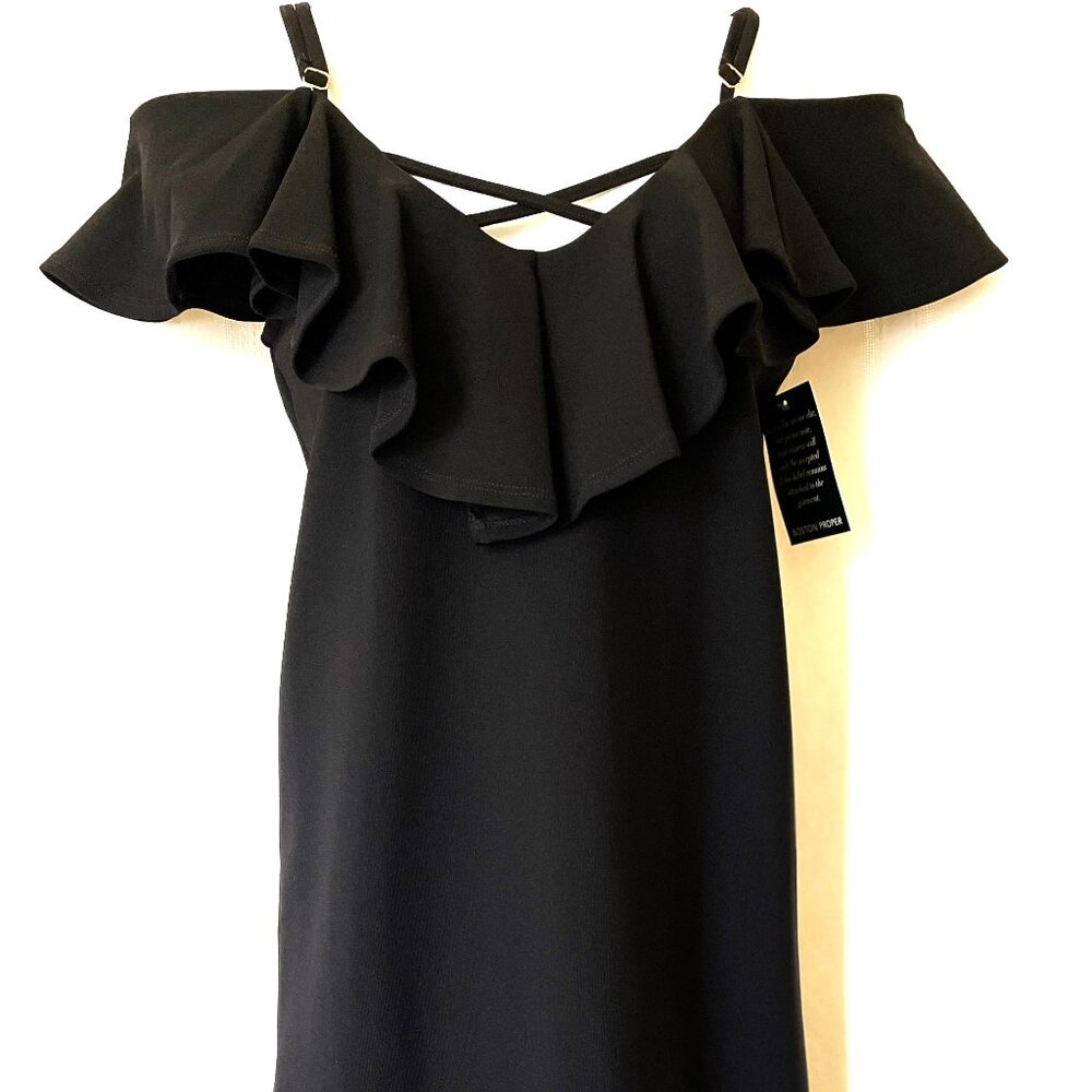 NWT Boston Proper Ruffled Cocktail Little Black Dress Open Shoulder XXS CUTE